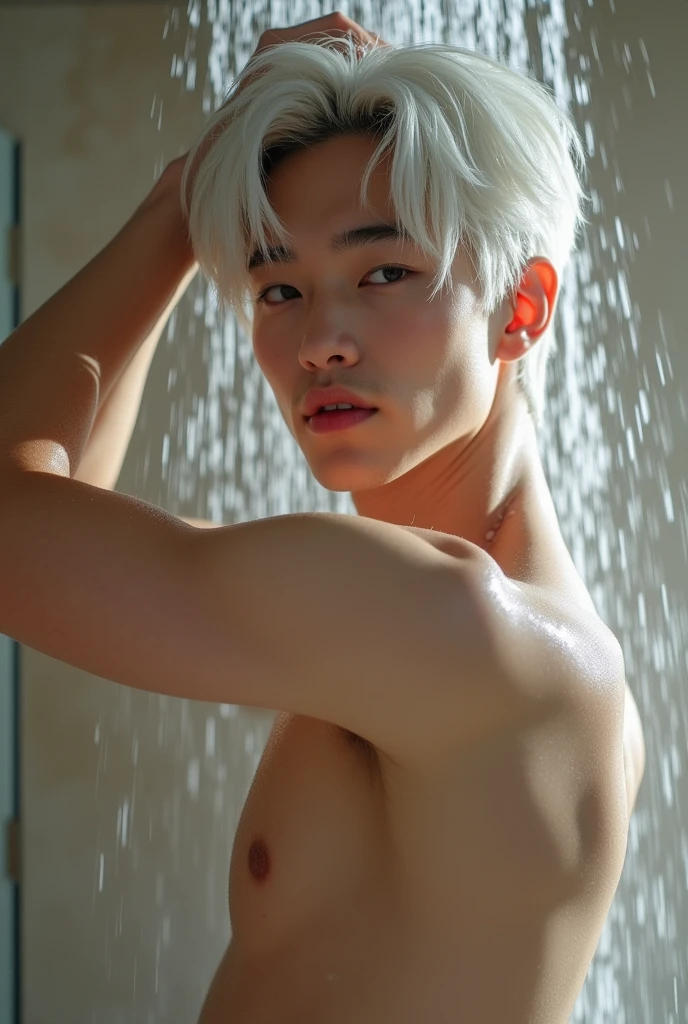 Male double eyelids, naked, exuding abdominal muscles, handsome, young, sexy, naked, high-value Asian, white skin, internet celebrity face, three-dimensional and charming facial features, taking a shower in the bathroom, washing his hair, white hair