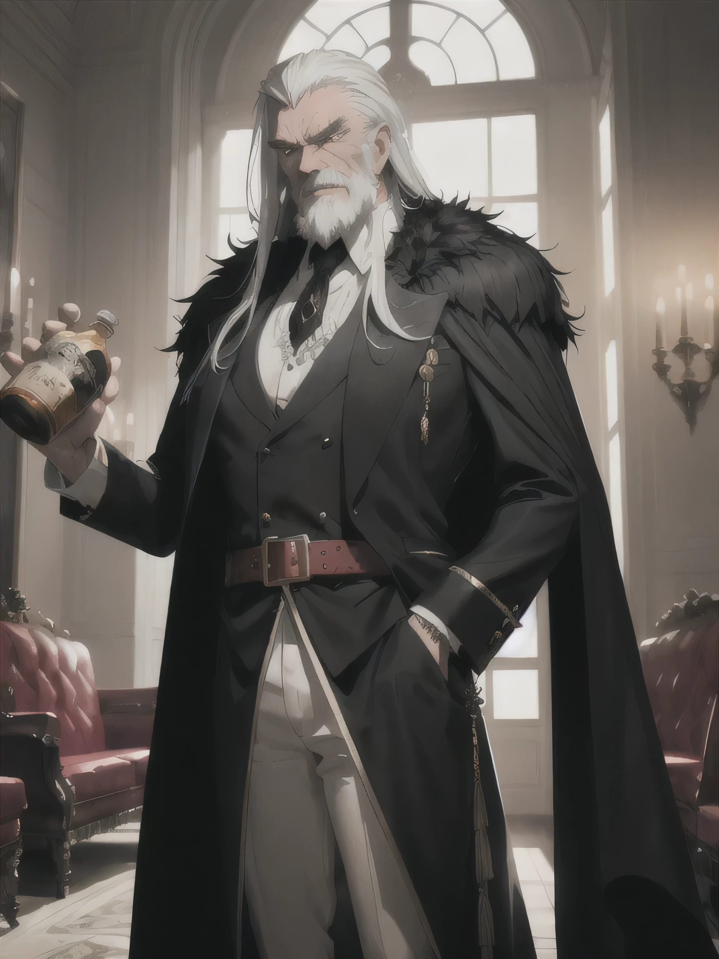 "Illustrate the grand introduction of old Robert, a towering and imposing figure with old clothes, as he steps into the entrance of a lavish mansion. He has long white hair. He’s dressed in a black and red coat, black leather pants, a large silver belt, and a bearskin cape draped over his broad shoulders. His face is rugged, crisscrossed with jagged scars, framed by black and white hair. Despite his fearsome appearance, he wears a warm, toothy grin, holding a bottle of rum aloft in greeting. The scene is filled with anticipation and warmth, with the grand hall of the mansion illuminated by soft, golden light.