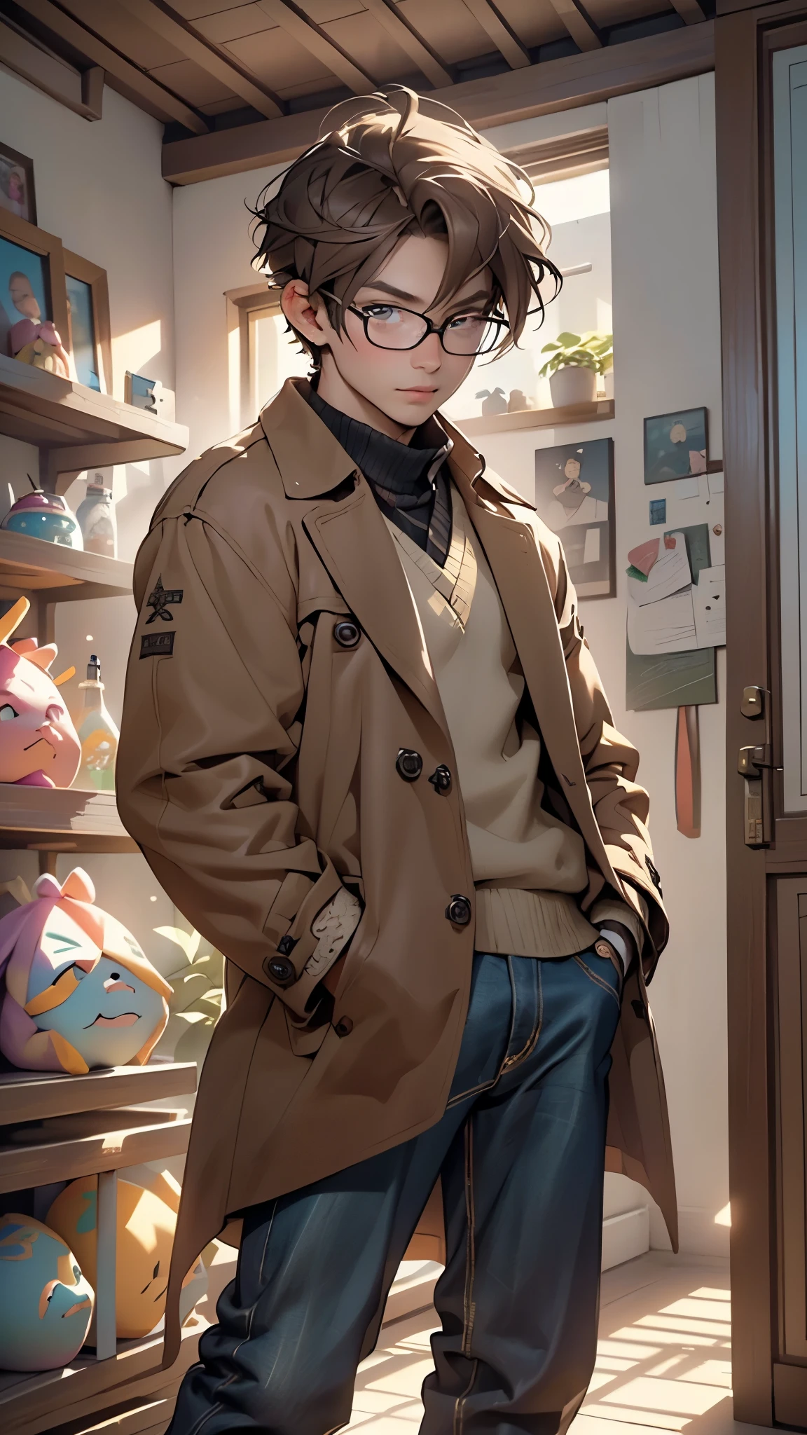 male, muscle, 1boy, muscular, 2 man,young,1 man,(((1male,1 male, 1man, 1 man,man:1.5,male,male gender:1.5,handsome man,male focus,))),stubble,detailed face,(short hair,brown hair,nice hair style,),(((brown_eyes:1.3))),intricate eyes, detailed eyes,symmetrical eyes, ((detailed face)),
nerd,((glasses)),(open coat, european fashion,coat, jeans,white shirt, masculine features, modern style,mexican clothes),(((brown coat, brown coat outfit, wearing a brown coat:1.3,mexican brown coat))),((bulge in pants)),((intricate outfit,intricate clothes)),
(dynamic pose:1.0),smile,(centered,scale to fit dimensions,Rule of thirds),
inside,indoor,((mexican house with piñata,piñatas in the background:1.3)),scenery:1.25,((intricate scenery)),((mexican decorations)),
(Glossy mexican ornaments),highres,sharp focus,(ultra detailed,extremely detailed),(photorealistic artwork:1.37),(extremely detailed CG unity 8k wallpaper),(((vibrant colors,vibrant theme))),(intricate),(masterpiece),(best quality),artistic photography,(photography taken by sldr),(intricate background),perfect rendered face,perfect face details,realistic face,photo realistic,((intricate detail)),(((realism))),