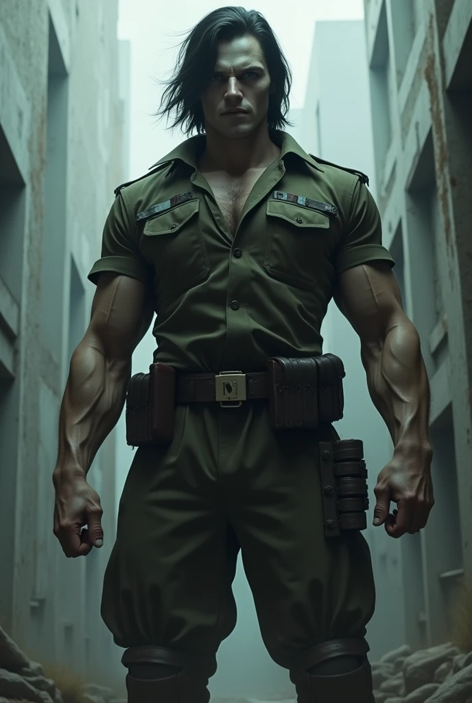 1,80 tall, military physique, roupa militar, medium and black hair, white skin color, with a psychopath face and looking like a 30 year old in RPG style