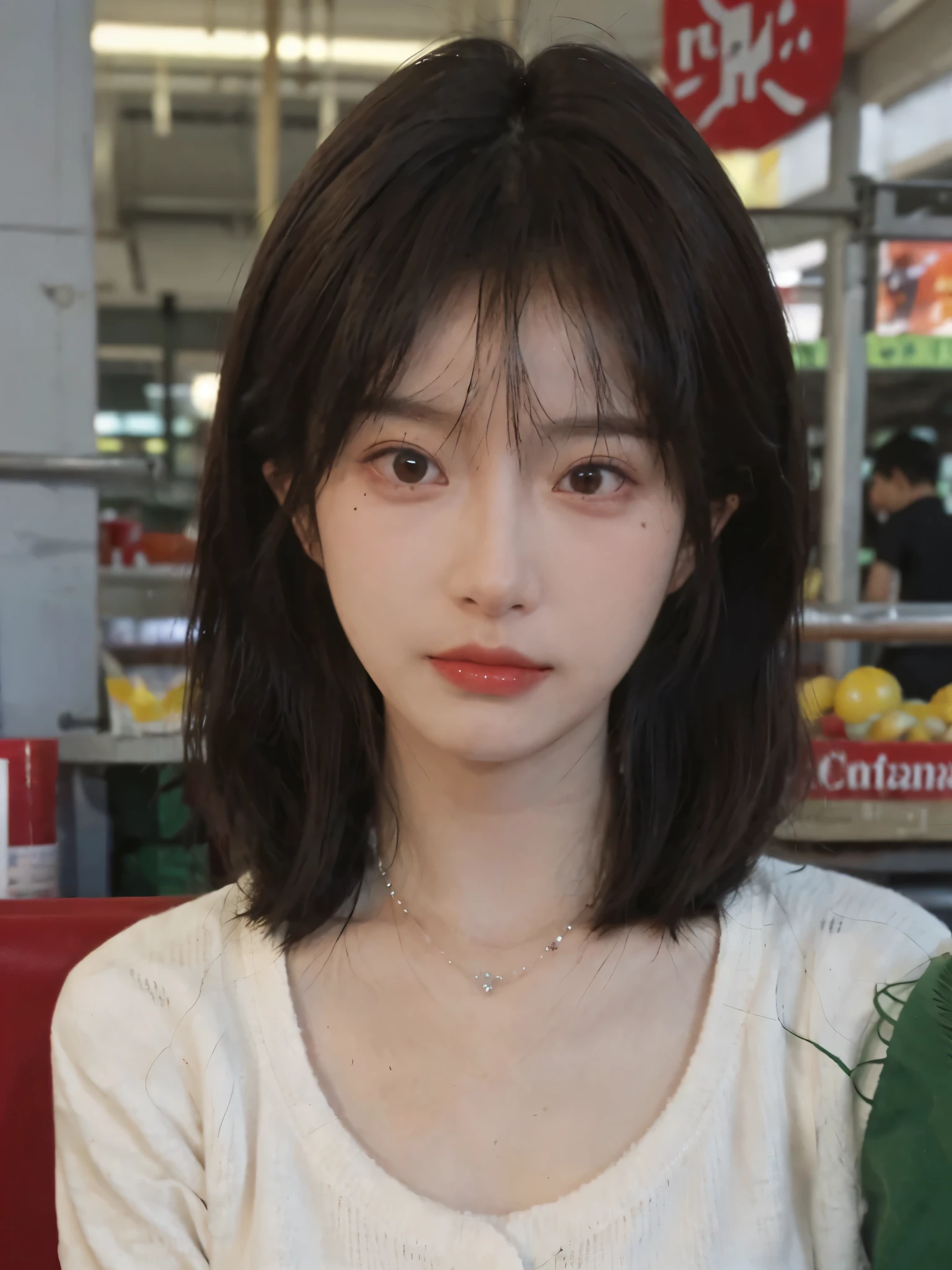 Best quality,Ultra-high resolution,(Realism:1.4),Cute hairpins,Baoyu Girl,1 Girl,Red short sweater,Beautiful woman with a slim figure:1.4,Abdominal muscles:1.1,(Brown hair,Mid-chest:1.3),supermarket,Super delicate face,Exquisite eyes,Double eyelids,make faces,necklace