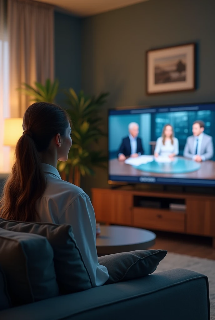 A woman sitting on the sofa watching TV, and on the TV screen several famous people discussing