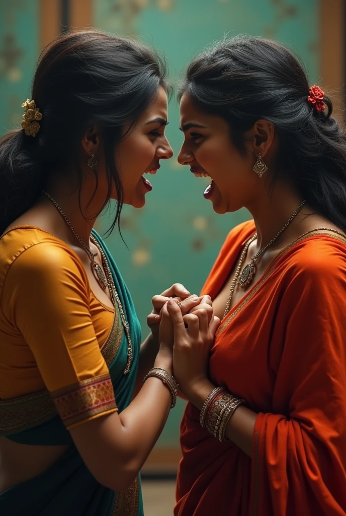 Two women in saree and matching deep u neck blouse with strings , hair loose with a single clip. Both women standing face to face staring into each other's eyes. Right fingers of one woman squeezing the breasts of other woman. Both women catfight with angry facial expression with full of hatred