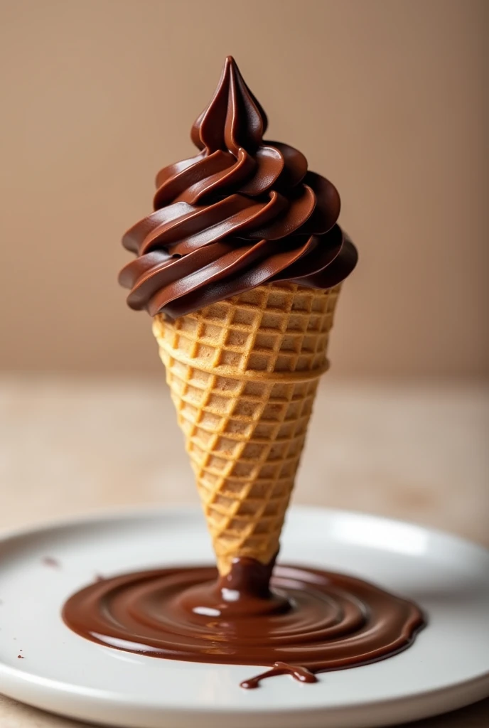 
há um cone de waffle coberto de chocolate com chocolate frosting, commercial product photography, chocolate frosting, rio de chocolate, cone shaped with a professional background, preferably on a white plate and with a bite in the cone