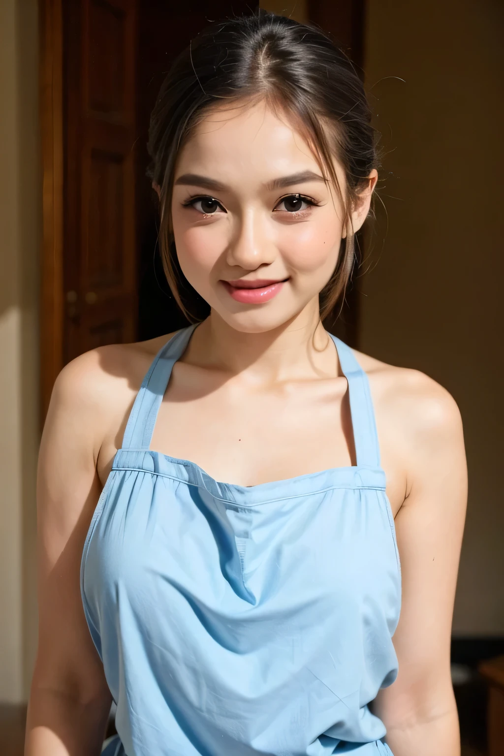 adorable, 1 girl, (face to face), , , happy, medium portrait, (face details: 1), (eye details:1), ((naked big breasts)). wearing transparent transparency mini apron, .. Cute posed. proportional body. Ultra High Res. realistic: 1.4, UHD, poke a bun Hairstyle , lace