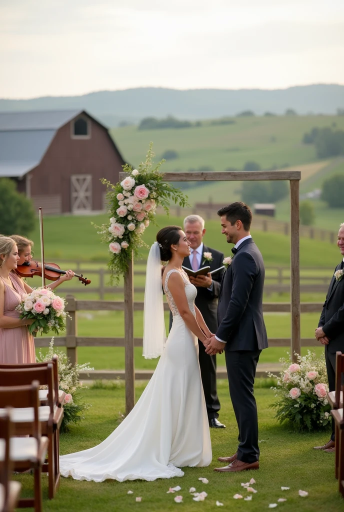 Create a landscape photo of a wedding ceremony, add a romantic and smiling couple. also put a violin player in the photo. Create this photo on a farm