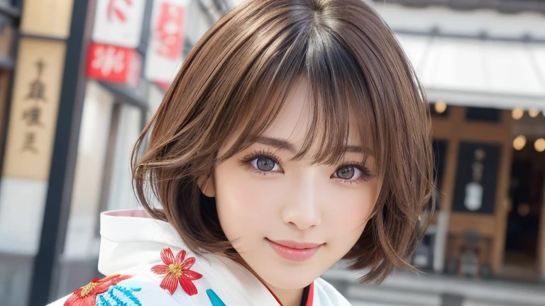 (8k, RAW Photos, Highest quality:1.2), (reality, reality的:1.4), (非常に詳細な8kwallpaper)、Sharp focus, Cinema Lighting, 細部までBeautiful Eyes, Asymmetrical bangs, Glowing Skin, Highly detailed skin ,High resolution, Attention to detail, Detailed hairstyle, Detailed beauty face, Hyper Real, Perfect limbs, Perfect Anatomy ,1 Japanese girl,Famous idols of Japan, Perfect female body,smile,short eyelashes,double eyelid、Look straight here,Stand up straight and face me, whole body ,,look straight at me,Streets of Europe、Tabletop、wallpaper、reality的、Bright lighting、Professional Lighting、Face Light Smooth Lighting、Japanese women、Adult、Beautiful woman、action、gravure、Sexy、so beautiful、Beautiful Skin、Beautiful and detailed、Detailed face、slim、moderately、((short hair))、((Brunette Hair))、Brown eyes、Looking into the camera、Small Bust、Pretty face,, smile, Blurred Background, 超High resolution, Backlight, Bottom-up angle,whole body、Accurate 5 fingers, software , Bony body, Japanese women, One person, Perfect body, 超Detailed face, Detailed lips, Beautiful Eyes, double eyelid, Light brown hair, Asymmetrical hair, Asymmetrical bangs, Messy Hair,(A luxurious white kimono in vibrant colors:1.3), (Gorgeous embroidered kimono:1.3)
