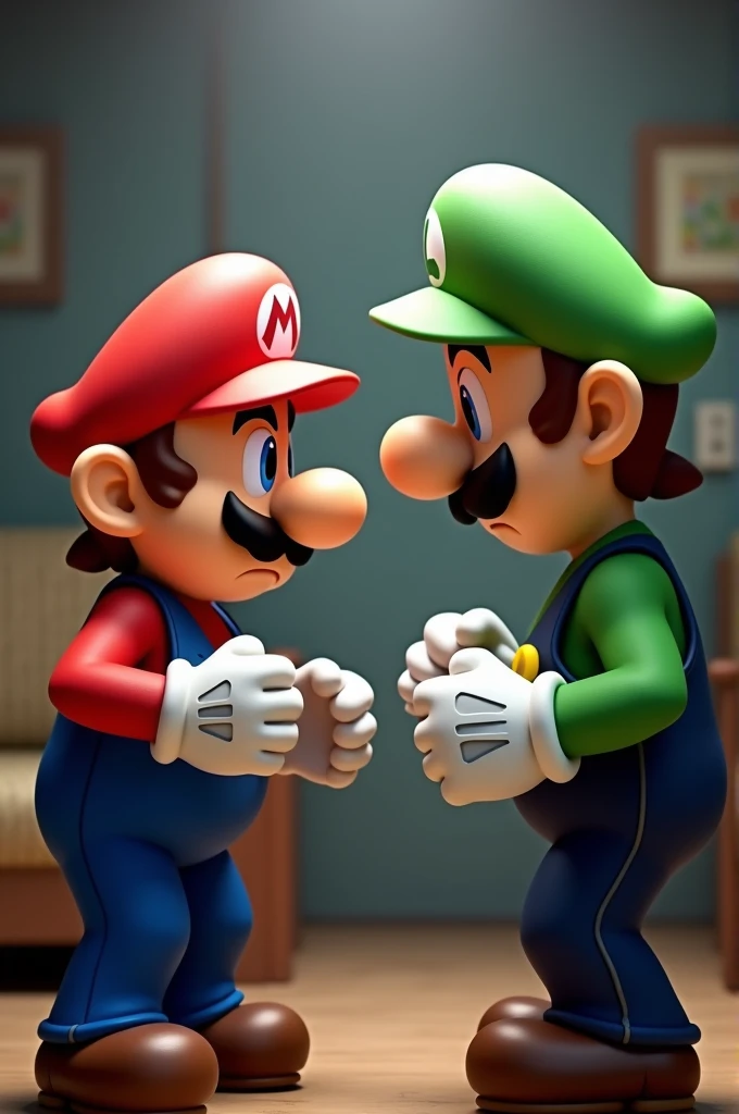 Worried Mario arguing with Luigi, and Luigi angry with Mario and arguing with him 