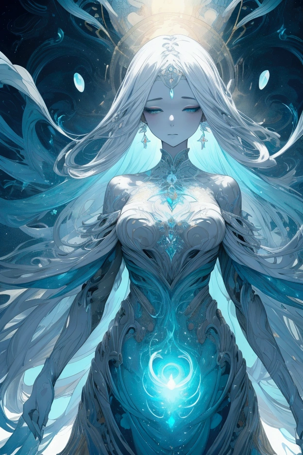 Creates an image of a beautiful woman in an ethereal environment where her figure blends fluidly with abstract colors and shapes. The transition between the human figure and the abstract elements should be smooth and harmonious, with vibrant colors flowing and mixing around it. The woman should have a serene and elegant expression, and her shape should gradually merge with the surrounding colors and patterns, creating a magical and ethereal visual effect.
