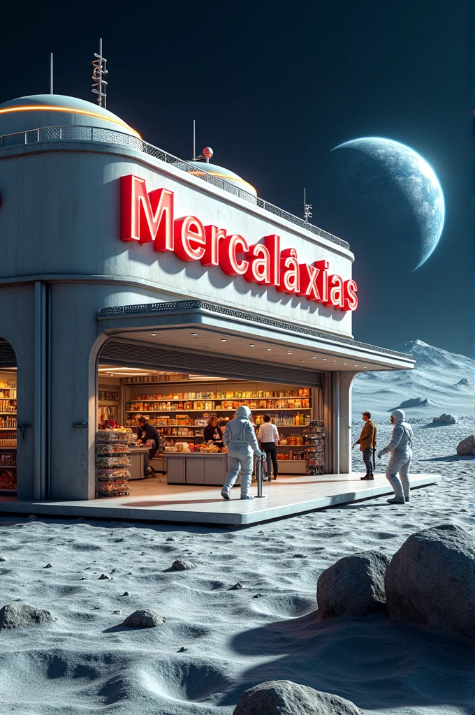 An image showing a supermarket on the moon written in large letters on a sign mercaláxias