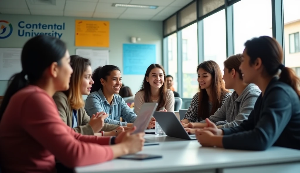 10 Peruvian students from different careers (engineering, business, design) They interact by talking to each other, in a modern classroom and the room has the logo that says &#39;&#39;continental university&#39;&#39;

