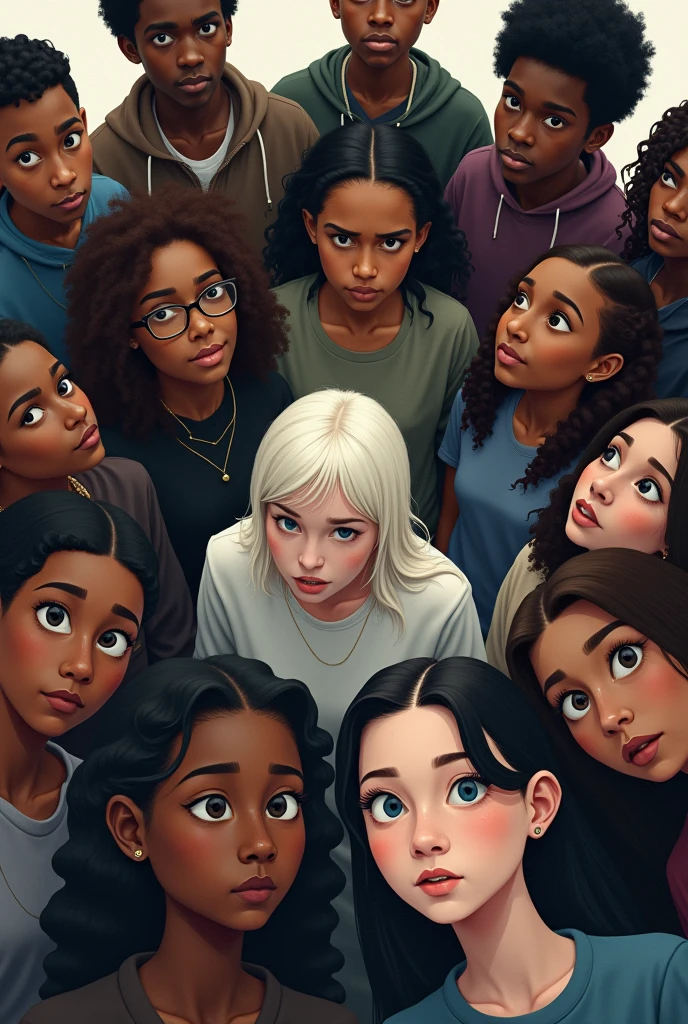 a circle of black teenagers and in the middle of that circle, a white teenager