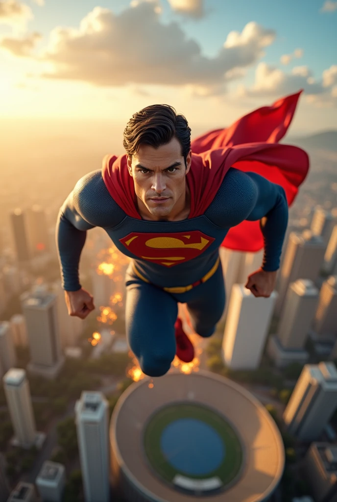 superman flying in the sky over the city of são paulo, ultra detaild, ultra realistic, flying very fast, traces of fire, close-up, front view, ((you can see the Morumbi stadium in the background)), punch pose, brown hair