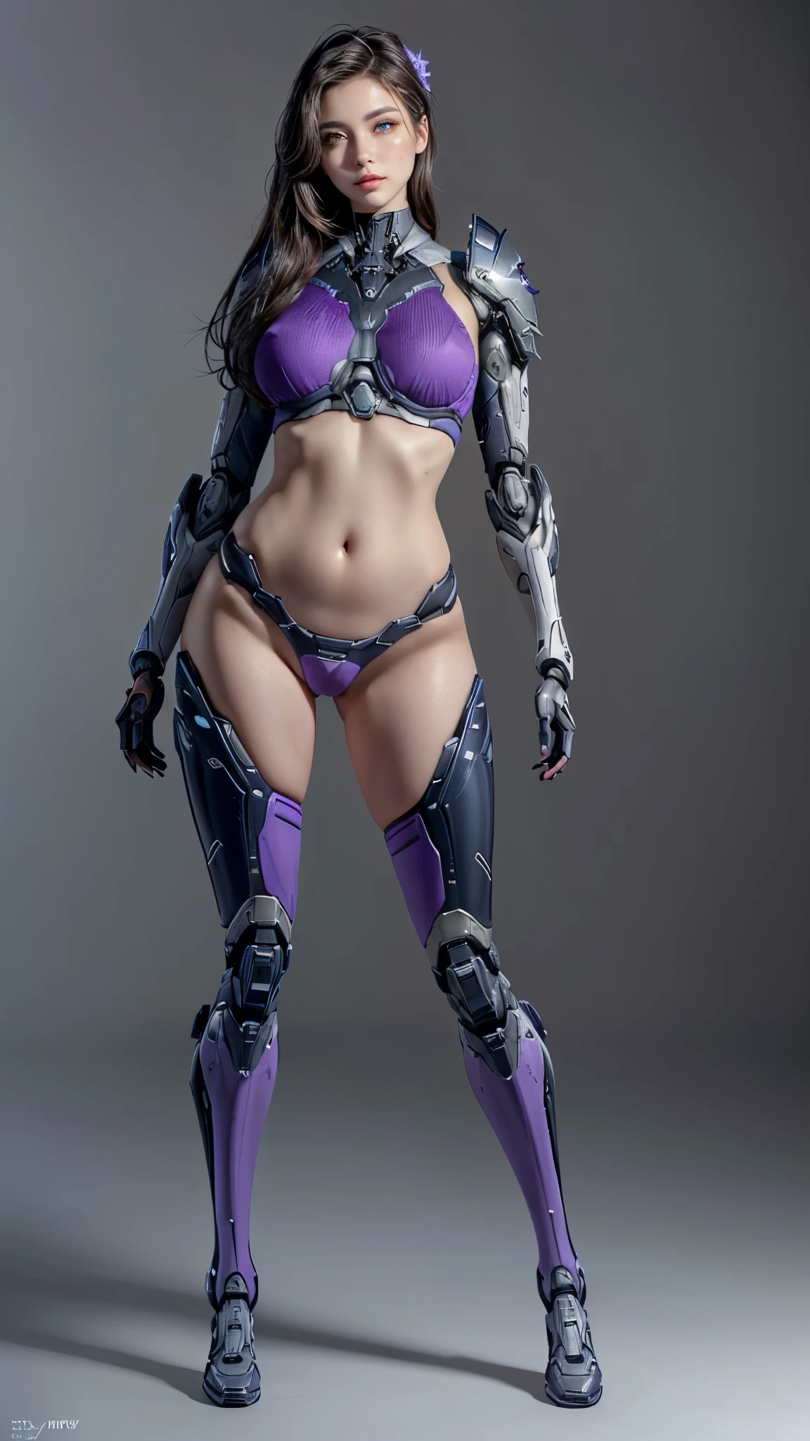 a woman in armor poses for a photo in a studio, thick smooth warframe thighs, of a beautiful female warframe, thick warframe legs, 3 d render character art 8 k, thick smooth warframe legs, gynoid cyborg body, beutiful white girl cyborg, wearing techwear and armor, girl in mecha cyber armor, biomechanical oppai, bunny, (full body:1.8), (upper body up:0.3), (hyper realistic:1.4), (realistic:1.3), (best quality real texture skin), Detailed eyes, detailed face, PERSEPHONE, () Hyperrealistic, LESS saggy breasts, (SMALL BREASTS:1.5), (HUGE LEGS:1.5), (LESS THIGHS:1.5), perfect legs, perfect legs, pernas added, pernas added e perfeitas, turned legs, shapely thighs, pernas added, Smooth Thighs. (erotic pose:1.5), (thick eyebrows:1.2), (big purple eyes:1.2), (ultra detailed eyes:1.4), (high resolution eyes:1.1), (ultra detailed skin texture:1.4), (Beautiful toned body:1.1), headband, (Moist skin:1.1), (sensual face:1.5),
