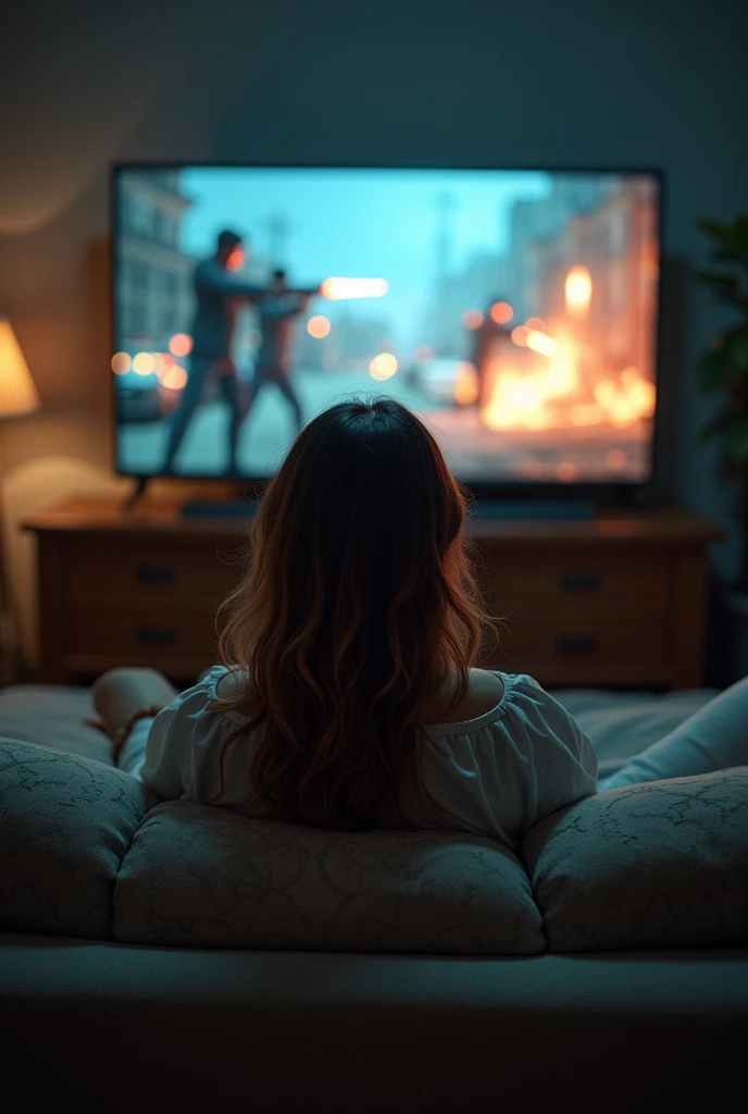 A woman sitting on the sofa watching TV, and on the TV screen several people fighting