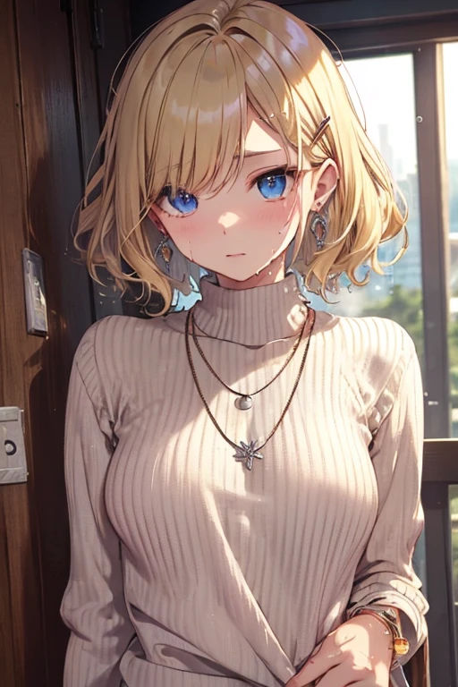 (NSFW)、((Highest quality、Very detailed、Detailed face、Detailed eyes、masterpiece))、(Blonde、short hair、Wavy Hair、hairpin、Earrings、necklace、bracelet)、white tight sweater、((Sweat、Wet、Heat))、((Body odor))