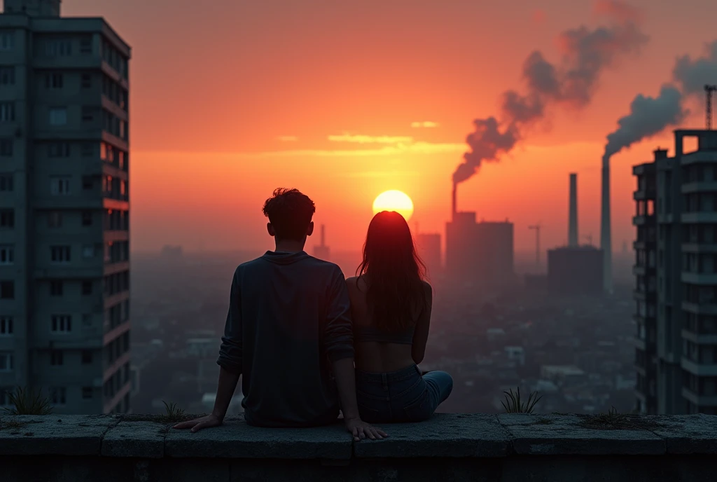 make a young couple of lovers sitting on the roof of a balcony and watching the beautiful and surreal sunset on the horizon, in a dark, gray, abandoned modern city, There are tall buildings next to them and on the horizon, There are big round factory chimneys on the horizon with smoke coming out of them from pollution, a neighborhood alley, There are several electricity poles next to and on the horizon on both sides of the couple and the city stretches across the horizon