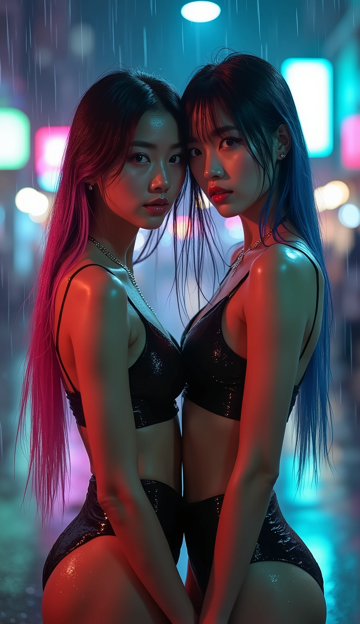 Two beautiful koreans girls, k-pop, colored hair, cyberpunk at night, street lights, small colored vinyl clothes, wet hair, heavy rain, very wet skin, smile, sexy, colored background, super realistic, realism