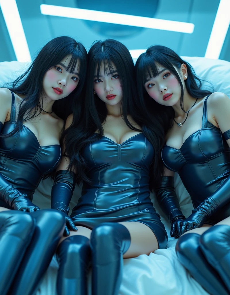 (masutepiece:1.0), (Best Quality:1.4), (A high resolution:1.2), (Photorealistic:1.4),(from below:1.5), (8K, Raw photo:1.2), (Soft Focus:1.4), 3 japan girls wearing Translucent latex student uniform dress, lesbian, full body latex suit, wear gothic lolita, Slime skin, smooth tight, (translucent blue latex maid dress :1.5), (the shiny leather black gloves:1.4), translucent skin, Smooth long hair, Translucent body, shiny latex , The perfect gloves for skin, shiny reflective, gal make up, Glossy skin, goddess, latex is shiny, Slimy, (translucent black latex boot:1.5), detailed background, from neck to feet wrap by plastic film, lying in latex vacuum bed, vacuum confinement, Bright sci-fi style background.