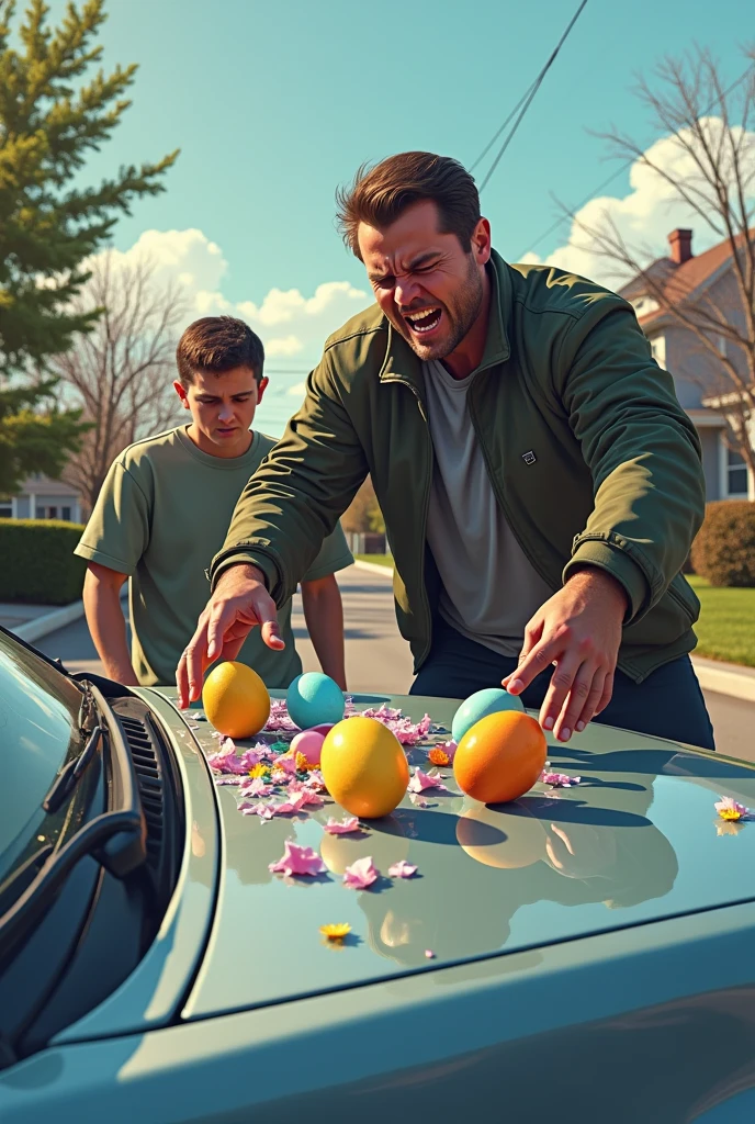 angrily breaking easter eggs on the hood of a car and his 2 sad brothers