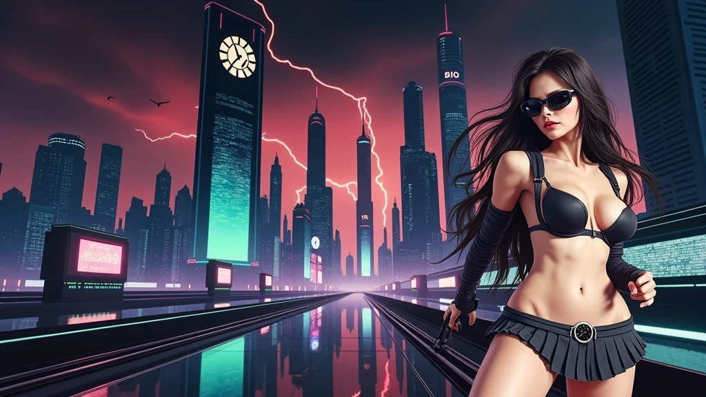 (Wide angle aerial view). At night, simple outlined cyberpunk city, flying cars, all-glass buildings, glowing giant clock tower, lightning, line art background. High-resolution OLED GUI interfaces in the building, The windows are filled with transparent data visualization infographics that show it all, very close-up green glowing cascading code. Colors are saturated and vibrant. At night, (1girl, solo, alone), photorealistic, large-breast slim:0.6 body, oval:0.5 face, black mini bra, cleavage:1.1, deep-v, very low angle view of black pleated miniskirt, white panty, (upskirt), glove, (Matrix style black micro sunglasses), (aiming viewer with a short gun), dynamic running pose, (half-body thigh level close-up shot), cinematic lighting, ray tracing, motion blur background.