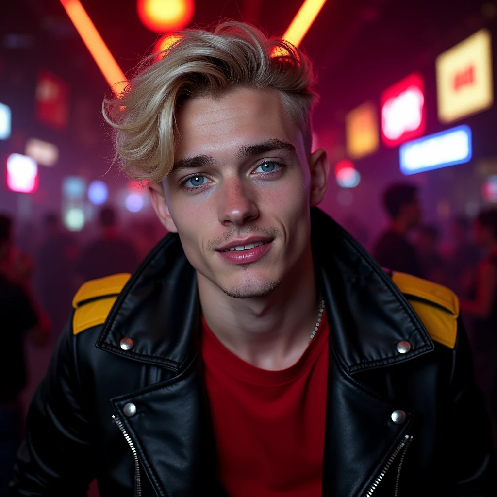 photograph portrait shot, attractive 22 year-old male model, short platinum blond layered textured hair, long layered side swept bangs hair, vibrant blue eyes, boy face, skinny svelte body, smirking expression, almond shaped eyes, very pale skin tone, black leather jacket with yellow accents on shoulders, red shirt, inside private underground club, dim lighting, neon lighting, cinematic