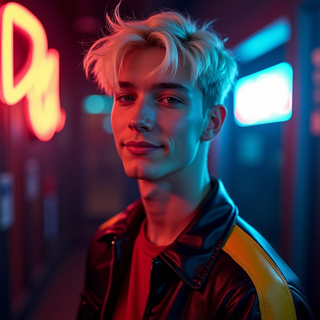 photograph portrait shot, attractive 22 year-old male model, short platinum blond layered textured hair, long layered side swept bangs hair, vibrant blue eyes, boy face, skinny svelte body, smirking expression, almond shaped eyes, very pale skin tone, black leather jacket with yellow accents on shoulders, red shirt, inside private underground club, dim lighting, neon lighting, cinematic