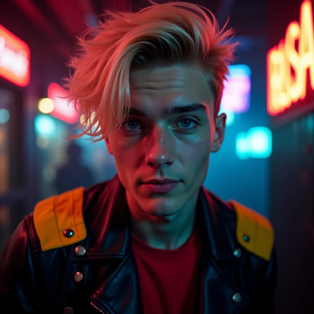 photograph portrait shot, attractive 22 year-old male model, short platinum blond layered textured hair, long layered side swept bangs hair, vibrant blue eyes, boy face, skinny svelte body, smirking expression, almond shaped eyes, very pale skin tone, black leather jacket with yellow accents on shoulders, red shirt, inside private underground club, dim lighting, neon lighting, cinematic