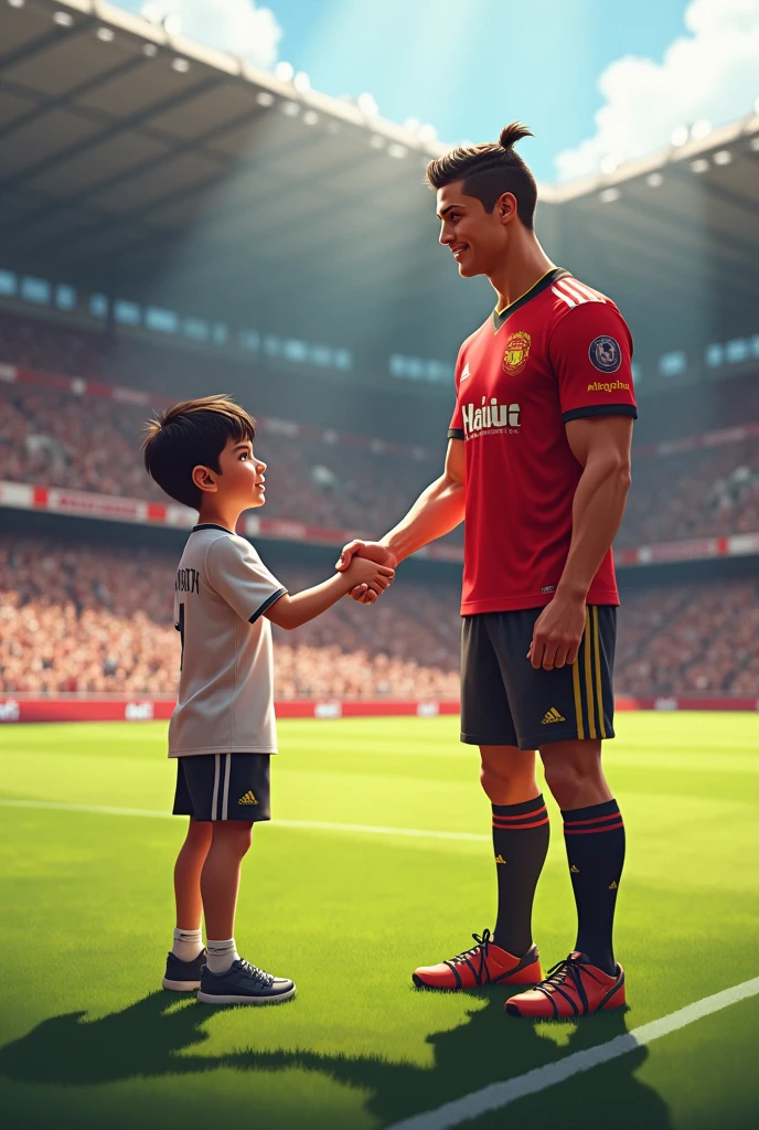 Once there wasa boy. His name was Aayush. His name was printed in his t-shirt. He was shaking his hand with Cristiano Ronaldo in the field.