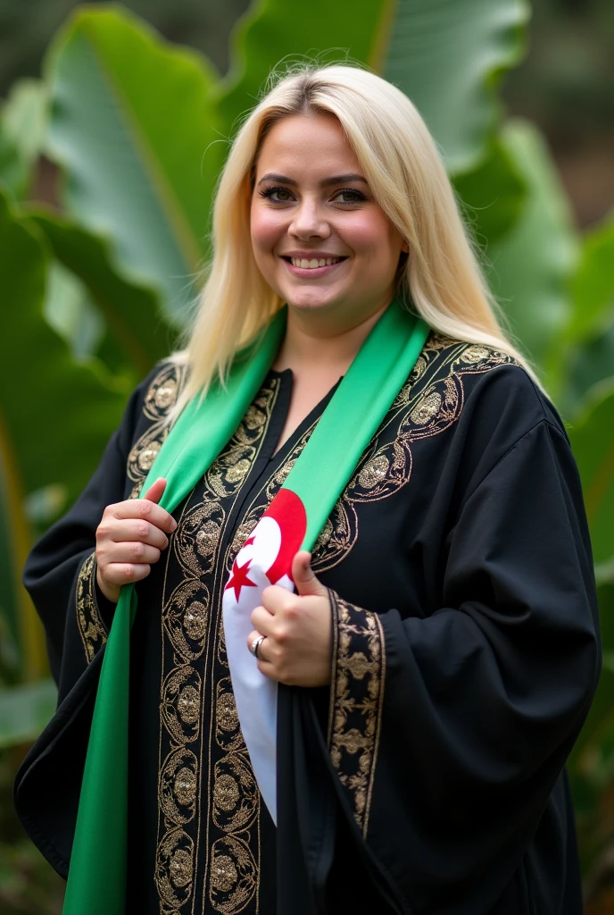 Close up, woman, blonde, plump, wearing a black caftan with a modern embroidered pattern, holding the Algerian flag around her neck in white and green, looking directly at the camera, she is standing on the green nature
