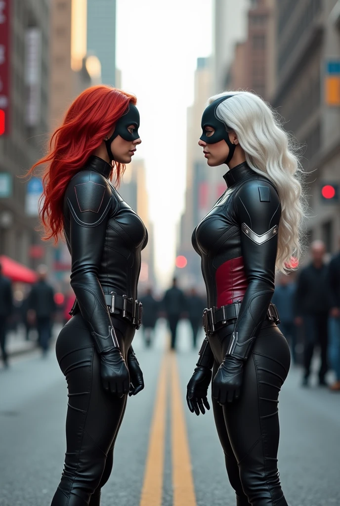 ((Full body photo, standing, feet on the ground)) red-haired woman and a woman with white hair, with avengers clothes and masks on their faces, both on a Friday morning in the middle of the street, the night of the body all night
