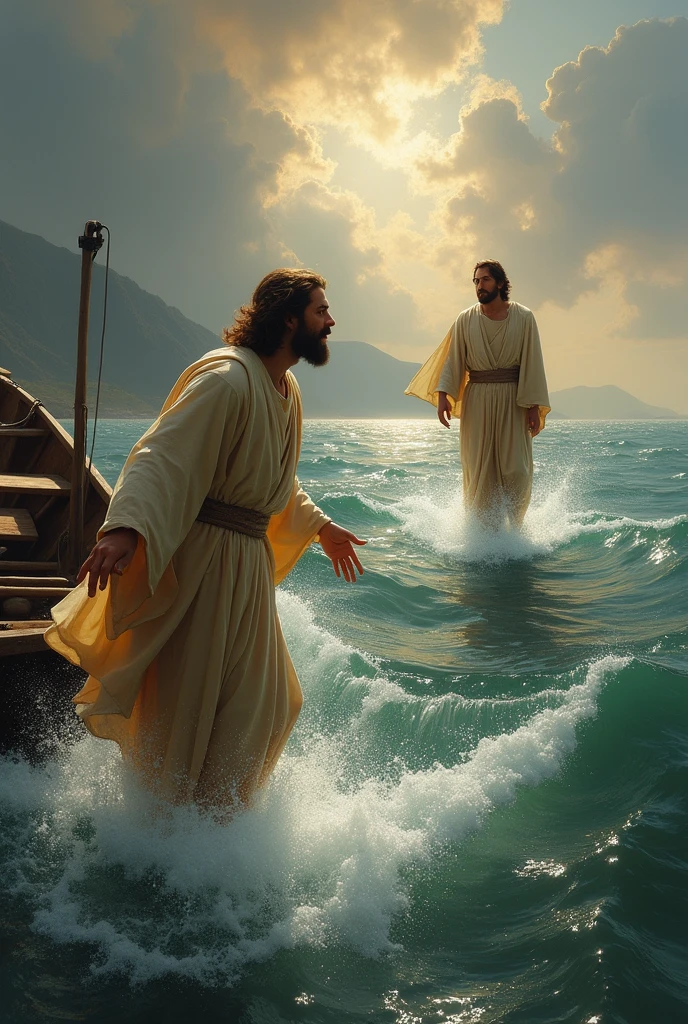 Sir — said Peter —, It's you, send me to meet you on the waters. ― Come — he replied.. Then, Peter got out of the boat, walked on the water and went towards Jesus