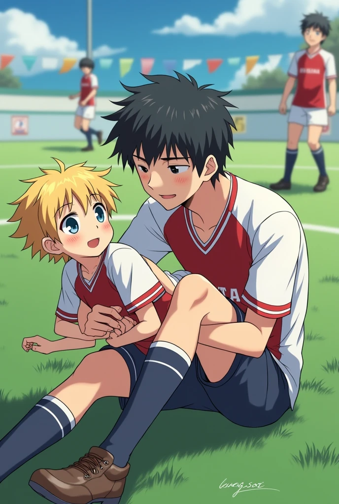 Anime boy shota soccer player falls on top of another and gets on his lap 