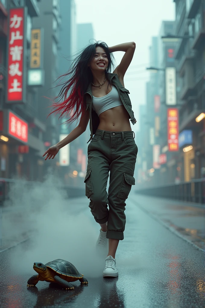 Dance、Artistic jump、break dance、Strenuous movements、vibrancy、cyberpunk style、Blade Runner vibe、Steam flows from exhaust outlets on the road surface、The road surface is wet、solo、Fluttering hair、Cute Baby Turtle、Beautuful Women、a small face、white skinned、hason、young 、Bright smile、half-open mouth、White teeth are visible、(Gradient of black-red hair、Long messy hair)、(cargo pants、vests、White sneakers)、(delicate detailed fingers、Detailed body、detailed arms、human hand)、(Detailed face) 、(8k、top-quality: 1.4、tmasterpiece、 hyper HD、 Top resolution,、The is very detailed、 profesional lighting、 Gray light illumination、low angle from below、Blow steam into the landscape、Fog in the landscape、Foggy、boy 6 pak