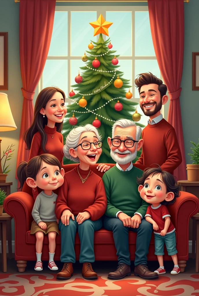Vector illustration of a grandfather and grandmother sitting on a sofa, happy with their eldest daughter, behind them their eldest son and his wife, their young daughter and her husband, and in front of them their grandchildren, a girl and a boy, are playing, and all are dressed in Christmas clothes, and a Christmas tree with a sign saying Happy New Year ,The picture is drawn as a caricature, using vector and colored linear drawings with high details.