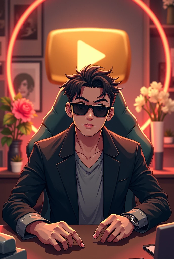 The anime man character like tube Sensei is wearing black sunglasses in youtube studio set up and front side table and table,s back side gaming chair with tube Sensei like anime character and background side goldan play button, flowers etc.