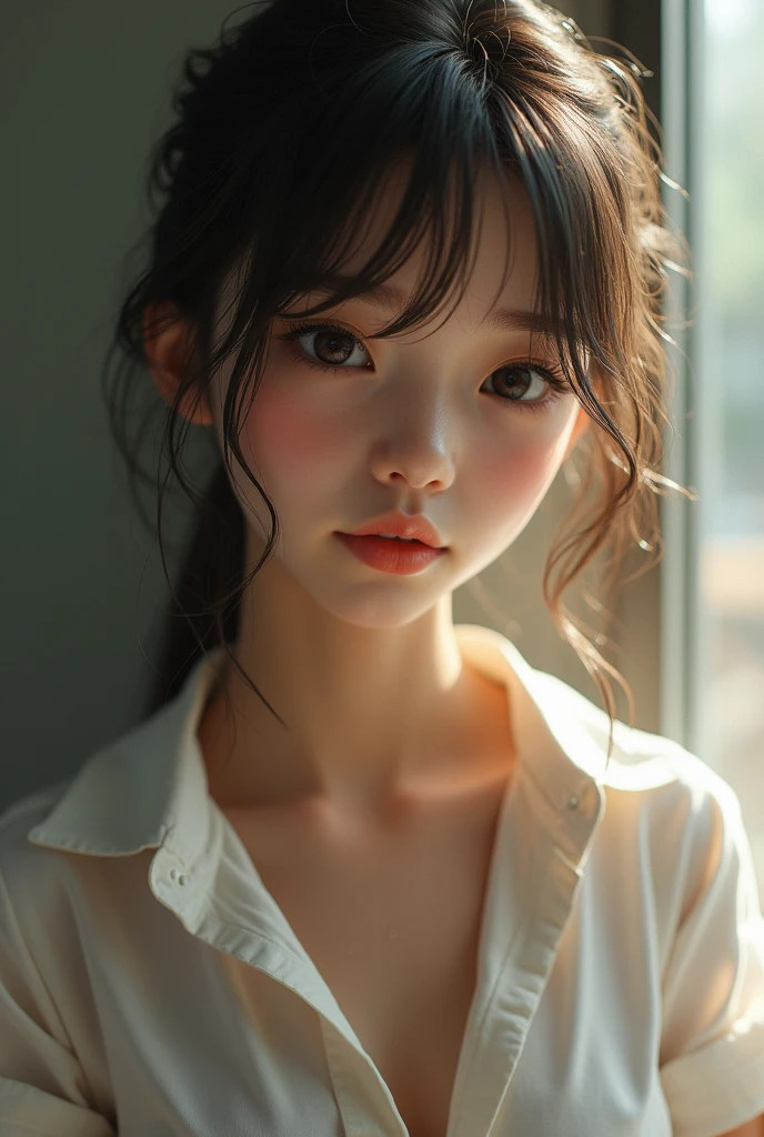 Highest quality, Skin Texture, Intricate details, (Cinema Lighting), 8Kabsurd res, RAW photogr, Extremely Delicately Beautiful, tmasterpiece, Best quality at best, Ultra-high resolution, 16K, Hyper-realistic, ultra - detailed, Very detailed CG 8k wallpaper, beautiful light up, Perfect lightning, realistic shaded, perfect anatomia, Ultra-delicate skin, perfect bodies, in her 20s, Very slim figure, Willow waist, the head is small, The eyes and face are very detailed, Real face proportions, Amazingly detailed eyes, realistic beautiful face, The face is small, Realistic little beautiful eyes, double eyelid, tear-mole, Mole on the chest, 耳Nipple Ring, The legs are beautiful and thin, Beautiful and thin thighs, (very huge round breasts:1.3), (short detailed hair), (curlies), (Summer school uniform:1.3), (Formal shirts:1.3), (tiese), (midriff peek:0.1), (Sleeveless:0.1), (Naked arms), (Bare legged), (3 Girls:1.3),リアルなphotograph、Cute idol high school girl face、Beautiful face at 20 years old、Micro bikini like string、On all fours , Spread your legs, photograph,Large Breasts、Big Breasts、Idol Sculpture、Sexy Idol、((torpedo gigantic breasts, Cleavage:1.3)),Focus on the big butt、Completely naked,((Beautiful anus:1.3))