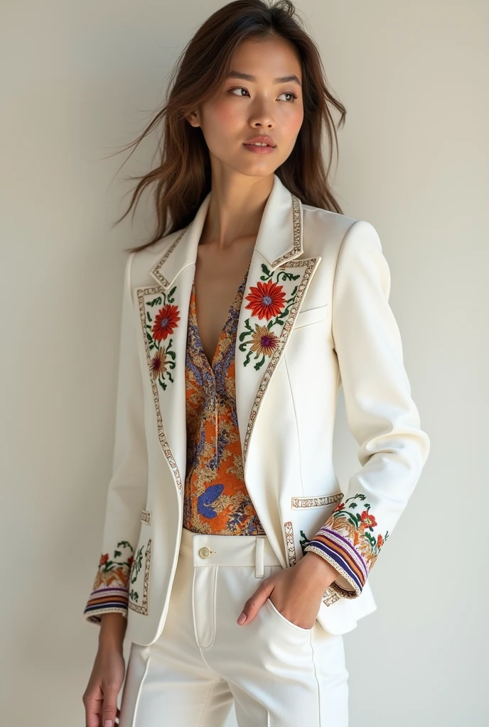 A white blazer with subtle Peruvian embroidery in colors