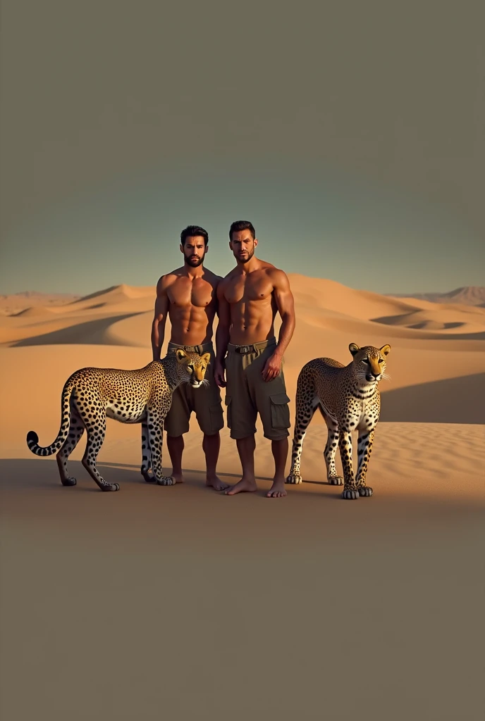 Two handsome man handsome face slim shirtless in the.desert with two leopards