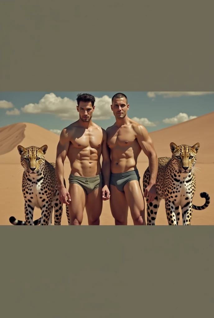 Two handsome man handsome face slim shirtless in the.desert with two leopards