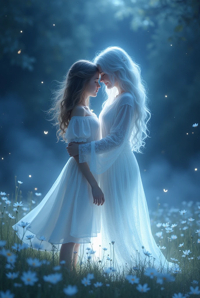 fund: A magical nocturnal atmosphere, like a moonlit field or an enchanted garden, to give an ethereal and dreamy tone to the scene.
Kizi: A  girl, with a light, flowing dress, perhaps in soft tones like light blue or white, to convey a sense of youth and purity. She may have a serene expression and a look of affection., with loose or slightly wavy hair.
phantom: A spectral figure, perhaps with a translucent appearance and a soft aura. He may be dressed in ancient or ethereal clothing., that flow and blend with the environment. Its appearance should be softer and more welcoming than scary., with a gentle and passionate expression.
interaction: The two are holding hands or in a gentle embrace, with the bodies almost merging into a harmonious form. There may be a subtle glow or aura around them., highlighting the special connection between them.
Additional Detail: Elements that reinforce the romantic and supernatural atmosphere can include twinkling lights around, stars in the sky, or a light mist that envelops the environment. small details, like floating flowers or leaves, can add a touch of magic and delicacy to the scene.