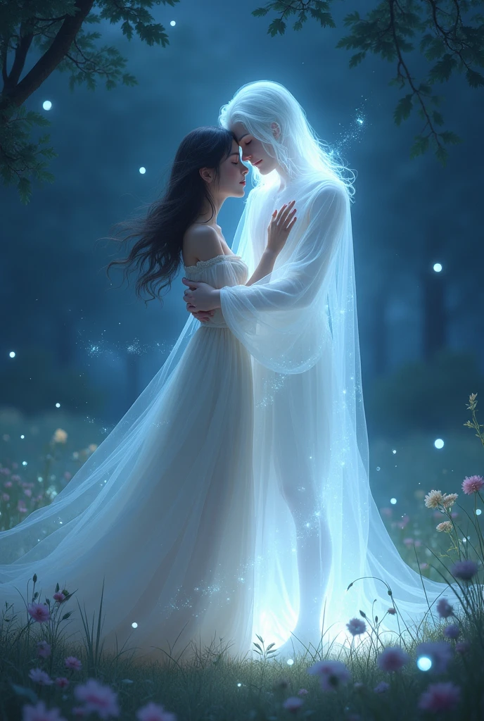 fund: A magical nocturnal atmosphere, like a moonlit field or an enchanted garden, to give an ethereal and dreamy tone to the scene.
Kizi: A  girl, with a light, flowing dress, perhaps in soft tones like light blue or white, to convey a sense of youth and purity. She may have a serene expression and a look of affection., with loose or slightly wavy hair.
phantom: A spectral figure, perhaps with a translucent appearance and a soft aura. He may be dressed in ancient or ethereal clothing., that flow and blend with the environment. Its appearance should be softer and more welcoming than scary., with a gentle and passionate expression.
interaction: The two are holding hands or in a gentle embrace, with the bodies almost merging into a harmonious form. There may be a subtle glow or aura around them., highlighting the special connection between them.
Additional Detail: Elements that reinforce the romantic and supernatural atmosphere can include twinkling lights around, stars in the sky, or a light mist that envelops the environment. small details, like floating flowers or leaves, can add a touch of magic and delicacy to the scene.