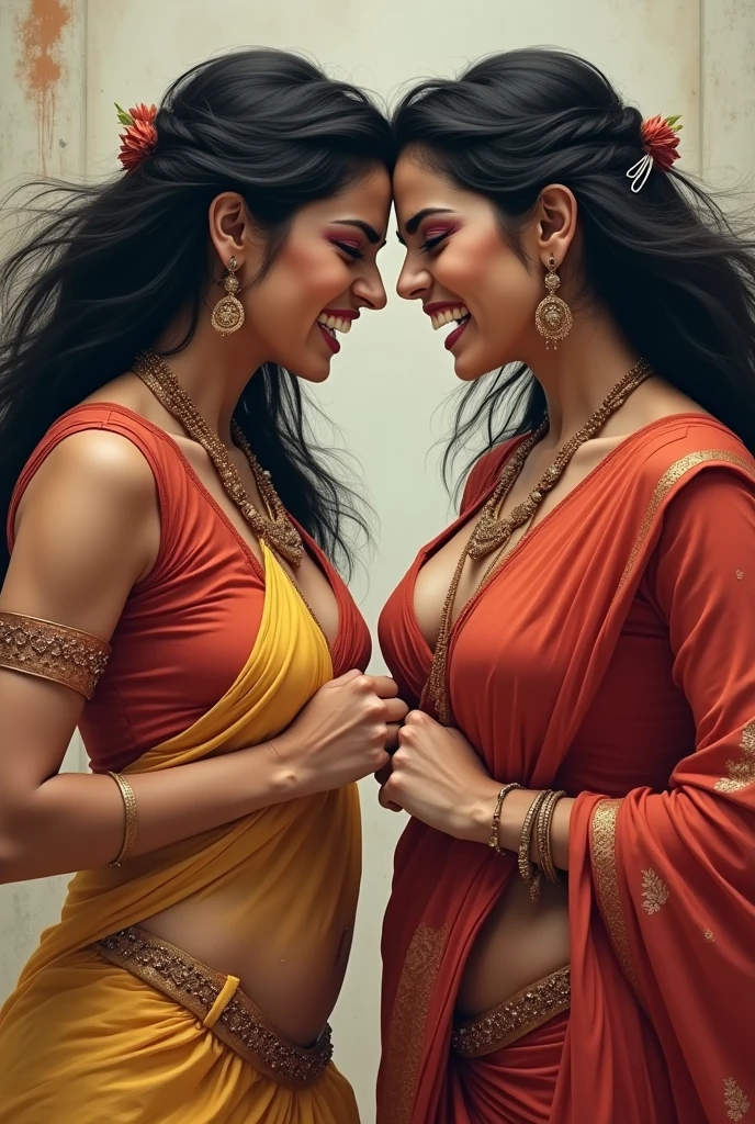 Two women in saree and matching deep u neck blouse with strings , hair loose with a single clip. Both women standing face to face staring into each other's eyes. Right fingers of both woman pinching the exposed belly of other woman. Both women catfight with angry facial expression with full of hatred