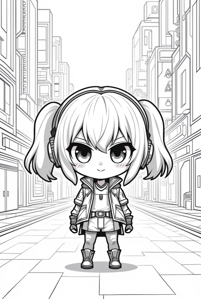 Chibi anime cyberpunk girl black and white line art
