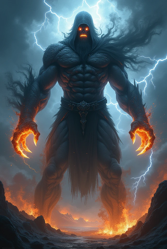 (Titan - Dark God of Chaos,threatening attitude)(with four arms and claws)(covered in fire ,black smoke and lightning)