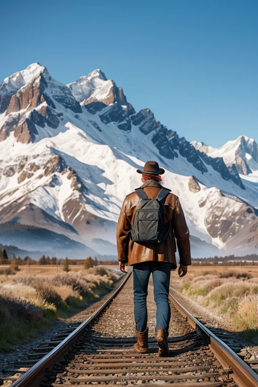A man walking on the railroad tracks, Rusted rails, Standard rail, Back view, traveller, 30 years old, Wearing a tattered hat, Light brown jacket, Blue jeans, Brown leather boots, In the background are the snowy mountains of the Alps, Morning sunlight, High resolution, Highest quality, Anatomically correct, large leather backpack, sleeping bag,