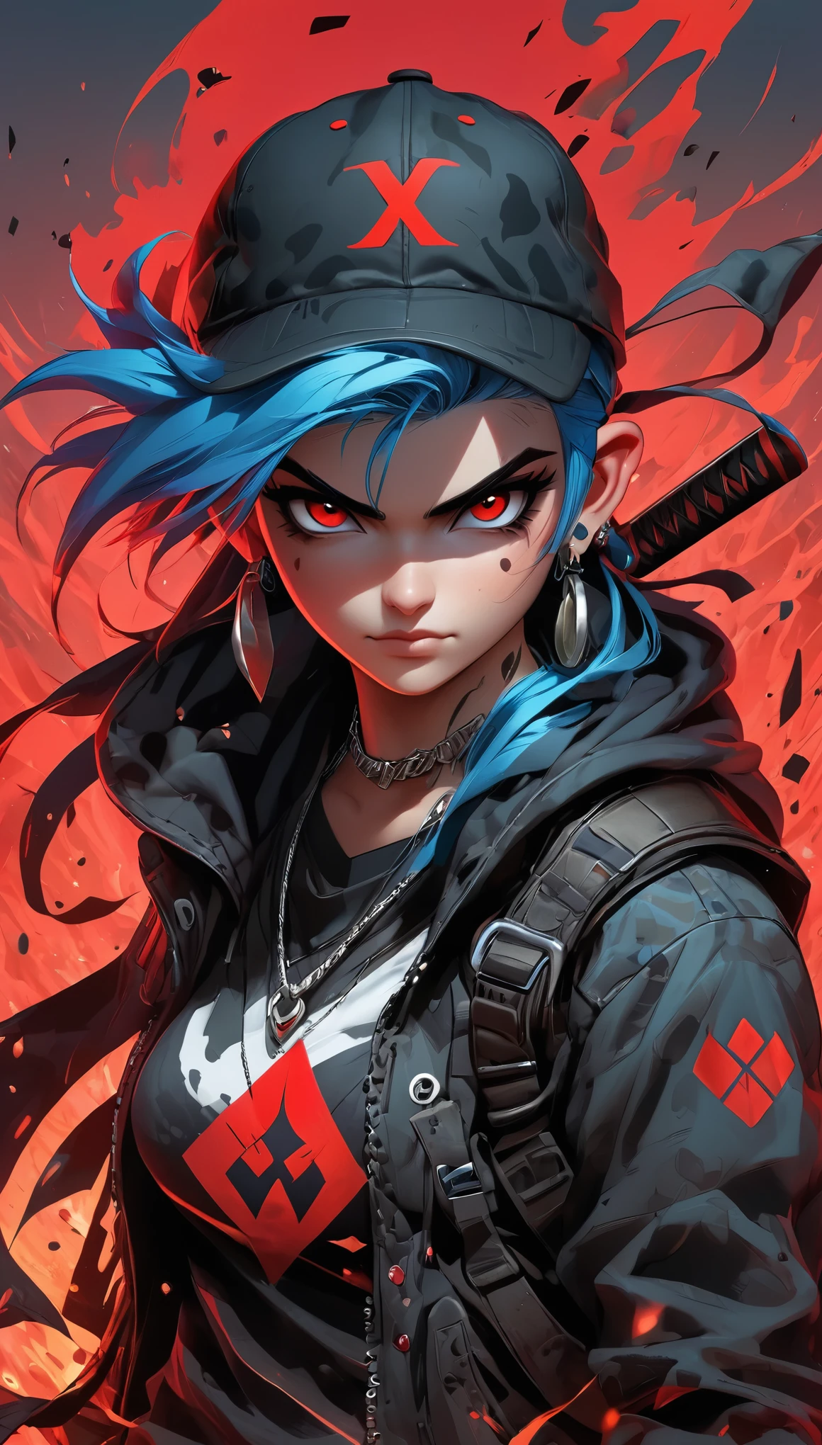 1boy,The image portrays a stylized,animated character with striking blue hair,sharp red eyes,and a confident expression. he wears a black baseball cap with a red symbol,a camouflage jacket,and a silver pendant around her neck. Behind her,there's a hint of a blade or weapon,suggesting a warrior or combatant theme. The backdrop is a vibrant red,which contrasts with her attire,making her stand out,, masterpiece,best quality,