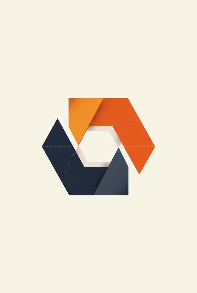 Create a minimalist symbol for the brand &#39;Konte Produções&#39;, an audiovisual production company. The symbol must be a stylized hexagon reminiscent of origami. Use orange colors, navy blue and white in the palette, with a clean and modern design that reflects the company&#39;s sophistication and creativity. The hexagon should have an origami style, with lines and angles that emphasize simplicity and elegance.