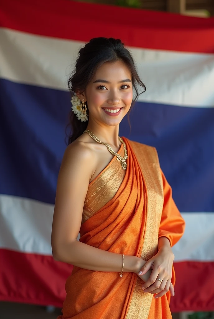 A beautiful Thai woman wearing a Thai traditional dress, a sash, stands and poses for a photo, smiling beautifully. The background is a picture of the Thai flag.
