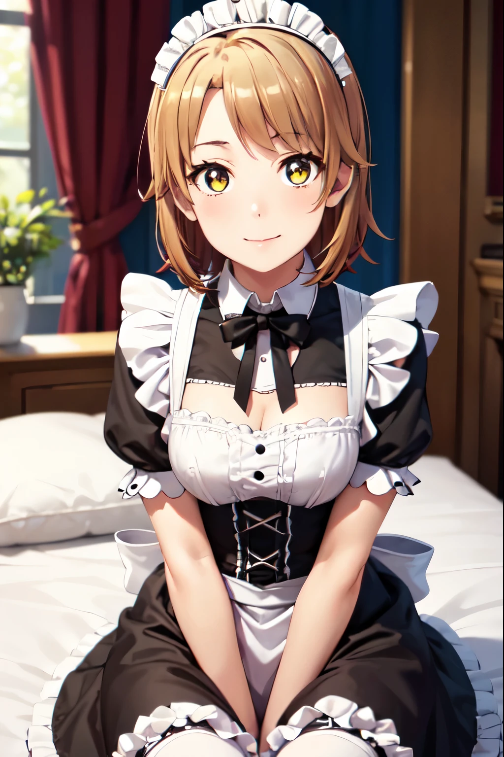 Highest quality、Shooting from the front、indoor、Closed Mouth、smile、Sitting on the bed、One Girl、isshiki iroha、Beautiful light brown hair、Bobcut、goth style、White maid outfit、(victorian maid outfit:1.5)、Light brown eyes、Beautiful Eyes, Sharp pupils, Sharp focus, (Very detailed, bloom, Shine)、(Genuine、Realistic、Realistic)、High resolution、超High resolution,(View your viewers:1.1), knees,手はkneesの上に置く、